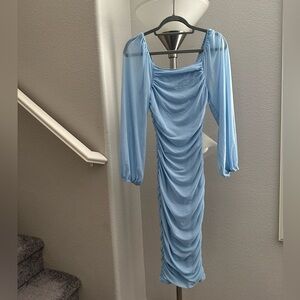 Light Blue Ruched Longsleeve Bodycon Dress